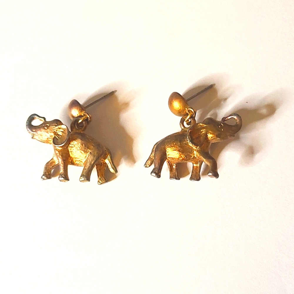 Trunks up, good luck, boho solid gold plated elephant dangle post back earrings
